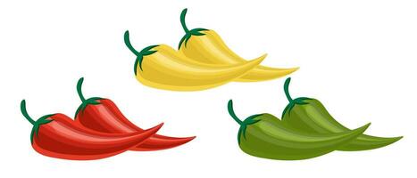 un conjunto de caliente chile pimientos en rojo, verde y amarillo. vegetales. ilustración, vector