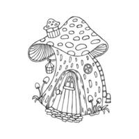 Mushroom house, magical character. Outline drawing, sketch for coloring. Vector