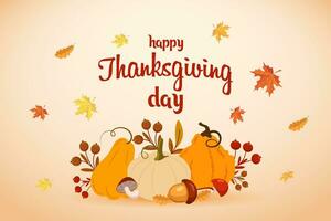 Thanksgiving Day illustration. Composition of pumpkins, autumn leaves, rowan and mushrooms. Greeting card, vector