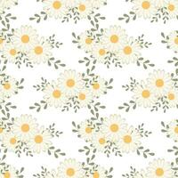 Seamless pattern, wild chamomile flowers and scattered leaves on a white background. Print, floral background, textile, wallpaper, vector