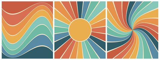 Set of colorful retro boho backgrounds with rainbow and sun. Trendy groovy print design for posters, cards. Vector