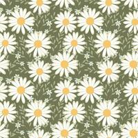 Seamless pattern, wild chamomile flowers and scattered leaves on a green background. Print, floral background, textile, wallpaper, vector