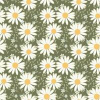 Seamless pattern, wild chamomile flowers and scattered leaves on a green background. Print, floral background, textile, wallpaper, vector