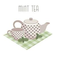 Mint tea, drink. A teapot and a cup with mint tea and mints. Illustration, vector