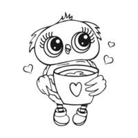 Cute owl character, owl chick. Outline drawing, sketch for coloring. Vector