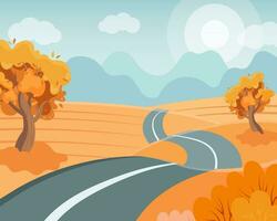 Road among fields and trees, going into the distance, autumn landscape. Illustration, clip art, vector