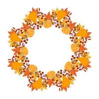 Thanksgiving wreath with pumpkins, rowan and autumn leaves. Print, autumn illustration, vector