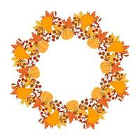 Thanksgiving wreath with pumpkins, rowan and autumn leaves. Print, autumn illustration, vector