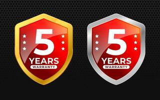 5 years warranty with glossy gold and silver vector shield shape. for label, seal, stamp, icon, logo, badge, symbol, sticker, button