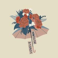 Umbrella with a bouquet of flowers on it. Text - lovely autumn. Vector illustration for autumn design, postcard, sticker, etc.