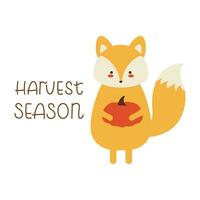 Autumn character fox holding pumpkin. Cartoon vector illustration for harvest greeting card