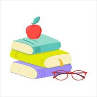 Books in a stack with an apple and glasses. Vector illustration in flat style for banner, article, story