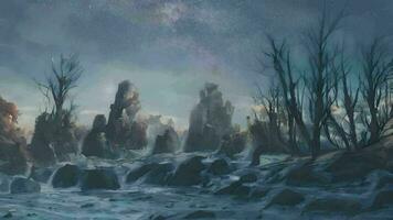 un obsesionante invierno escena con un oscuro girar, invierno paisaje con rocoso orilla video