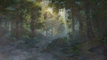 Tranquil Forest Alive with Vibrant Nature Colors, Meandering Stream, and Mysterious Mist video