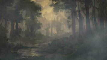 misterioso, enevoado floresta com iminente perigo, místico bosque com nebuloso vistas video