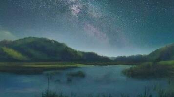 hermosa paisaje nocturno, lozano verdor, un sereno río, y claro cielo video