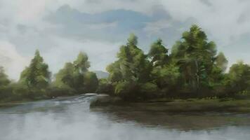 verde árvores às a Beira do uma rio com branco nuvens dentro a céu video