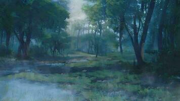 A Forest night scene, Green Trees, Lush Grass, and Misty Ambiance in the Forest video