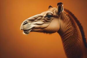 Camel head on solid color background, close up. Vintage style. ai generative photo