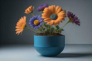 Flowers in a pot on a solid color background. ai generative photo