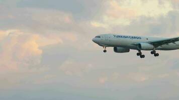 frankfurt a.m principal, Alemania julio 21, 2017 - turco aerolíneas carga aerobús a330 tc jds que se acerca antes de aterrizaje a 25c. Fraportar, Fráncfort del Meno, Alemania video