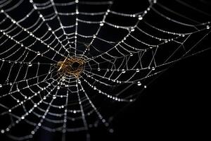 araña web con oscuro fondo, telaraña con agua gotas, ai generado foto