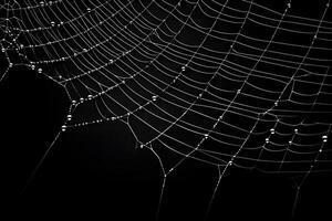 spiderweb isolated on black background, macro dewy spider web, photo