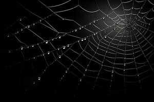 telaraña con oscuro fondo, decorativo araña web con agua gotas, ai generado foto