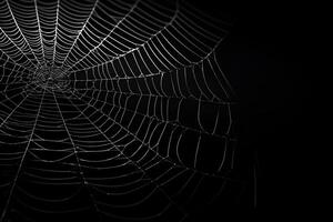 telaraña con oscuro fondo, macro araña web con agua gotas, ai generado foto