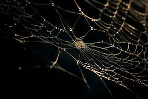 spider web isolated on black background, golden shiny light, ai generated photo