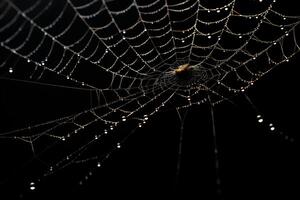 spider web isolated on black background, dewy cobwebs, ai generated photo