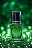 Ai Generative Photo of a green nail polish bottle on green glitter background