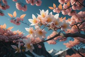 cherry blossom sakura flower on blue sky background, ai generative photo