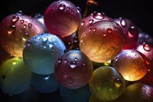 Extreme close up view of ripe dark grape with water drops.AI generated photo