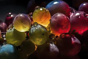 Extreme close up view of ripe dark grape with water drops.AI generated photo