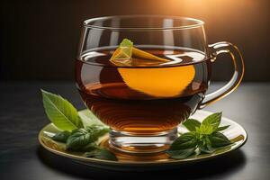 Cup of tea with mint leaves on wooden table, closeup. ai generative photo