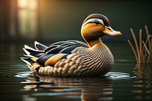 Beautiful duck on a solid color background. ai generative photo