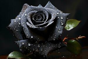 Beautiful black rose with water drops on black background, closeup, A beautiful luxurious black rose with pointillism, AI Generated photo