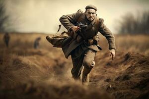 miembro de rojo estrella militar historia club usa histórico Soviético uniforme durante histórico recreación de segunda Guerra Mundial en chernigow, soldado corriendo en un campo de batalla con armas, anónimo, ai generado foto