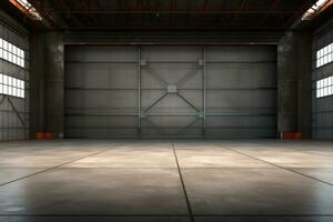 3d rendering of an empty warehouse with a lot of windows. 3d rendering of large hangar building and concrete floor and open shutter door in perspective view for background, AI Generated photo