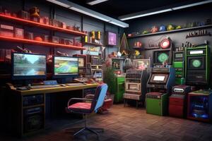 3D rendering of a gaming room with computers, monitors and other equipment, 3d rendering of a computer room with a set of gaming equipment, AI Generated photo