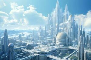 Futuristic city in the blue sky. 3D rendering. A breathtaking cityscape with futuristic buildings, AI Generated photo