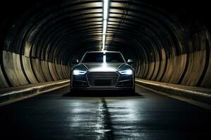 coche en un túnel. coche en el oscuro túnel. coche en el túnel. un fascinante imagen de un coche en un subterráneo túnel, ai generado foto