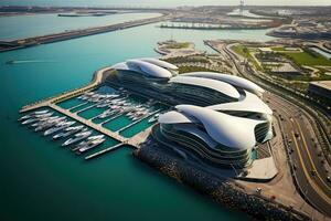 Dubai Metro as world's longest fully automated metro network, Dubai, UAE. Aerial photo of Yas Island Marina Abu Dhabi, AI Generated