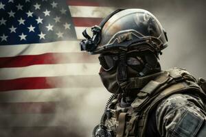 unido estados de America soldado en lleno engranaje con Estados Unidos bandera en fondo, un soldado vistiendo un moderno casco y equipo, lado vista, americano bandera en fondo, ai generado foto