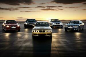 3D render of a row of cars on the road at sunset, a lineup of iconic and luxurious vehicles, AI Generated photo