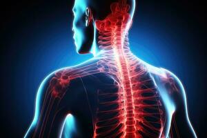 3D render of a male body with highlighted spine anatomy on dark background, 3D illustration of neck pain cervical spine skeleton, AI Generated photo