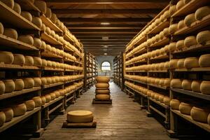 Cheese production in the cellar of a winery in France. A cheese aging cellar with rows of cheese wheels on wooden shelves, AI Generated photo