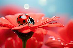 mariquita en rojo flor pétalos con bokeh fondo, un mariquita sentado en un rojo flor en borroso fondo, ai generado foto