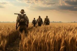 reconstrucción de el genial patriótico guerra. Soviético soldados en el campo. un guardabosque equipo caminando mediante un trigo campo, ai generado foto